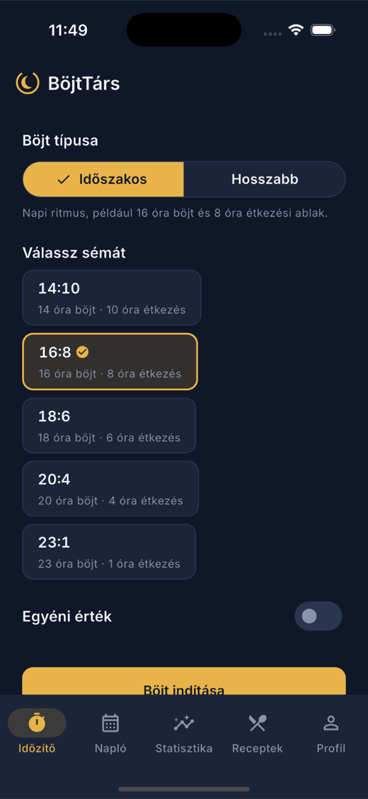 A BöjtTárs időzítő képernyője a választható böjt-sémákkal.